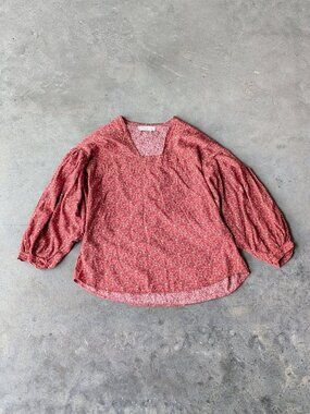 Hackwith Design House Square Neck Puff Sleeve Peasant Top Mahogany Floral Print